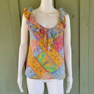 RALPH LAUREN Colorful Faux Patchwork Cotton Jersey Top Large L